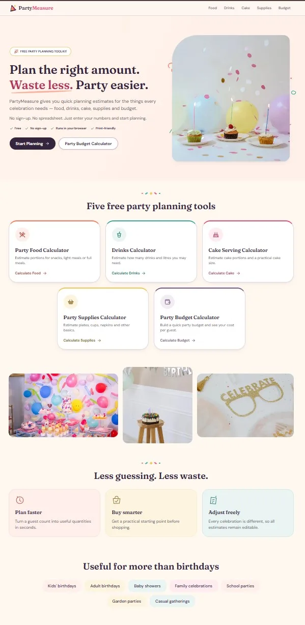 PartyMeasure – Party Planning Calculator Website screenshot 1