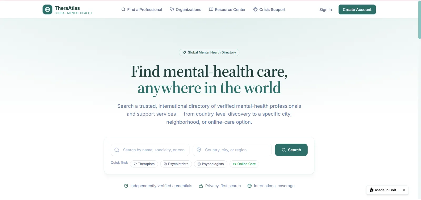 TheraAtlas – Global Mental Health Platform | 850 Listings Across 8+ Countries screenshot 1