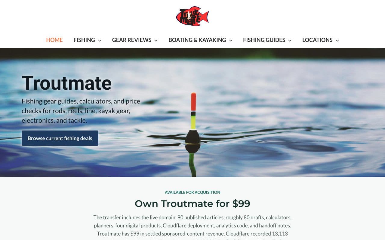 Troutmate.com: 90 articles plus a $99 settled sponsor sale screenshot 1