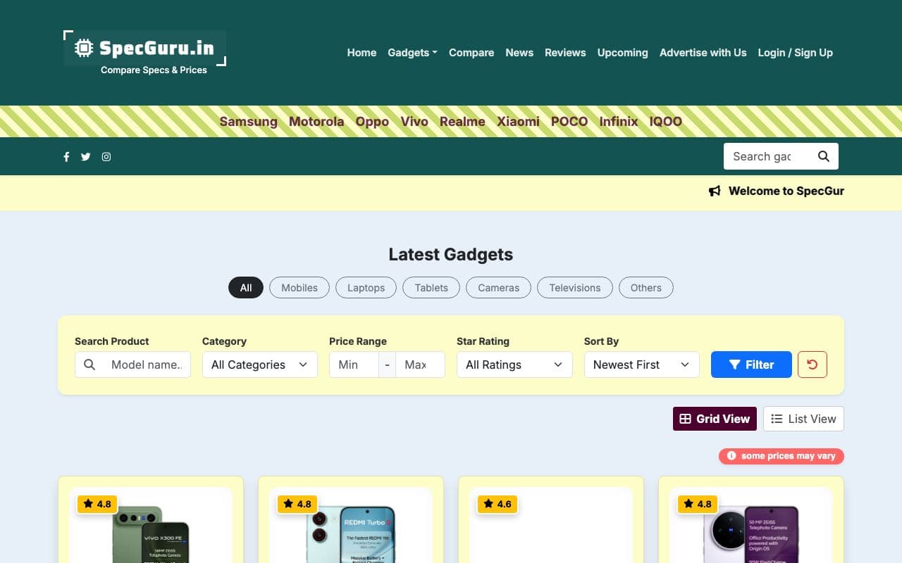 Specguru.in - mobile specifications & comparison site screenshot 1
