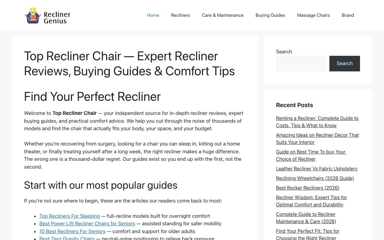 TopReclinerChair.com – 2-Year-Old Website | 66 Articles | 185 Monthly Visitors | Reclinergenius.com Included