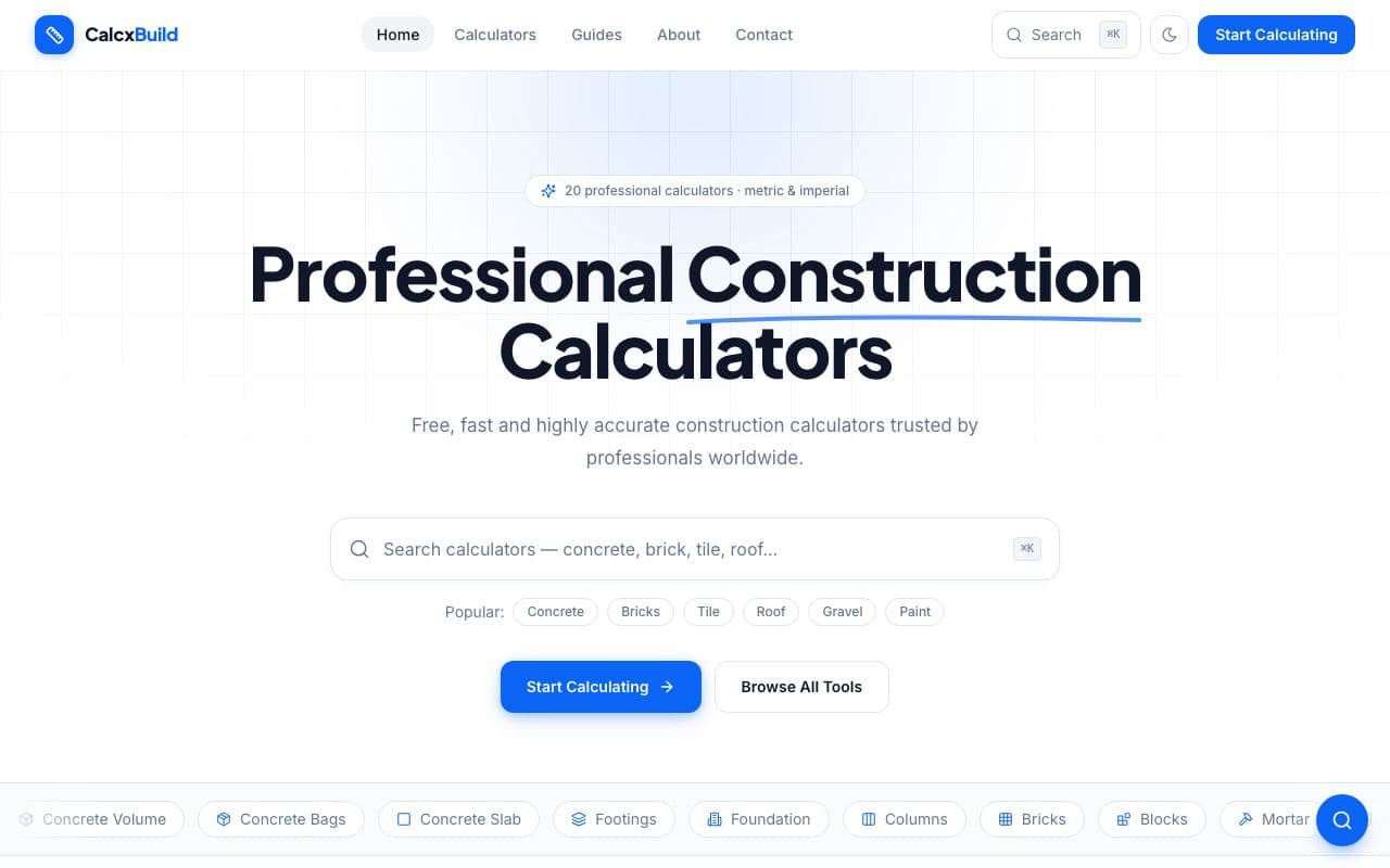 CalcXBuild.com – Professional Construction Calculator Platform with 20+ Tools screenshot 1